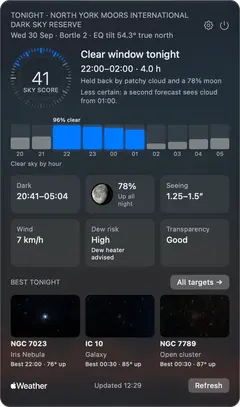The Nightwatch Targets window: categories on the left and tonight's plan with an altitude chart on the right.