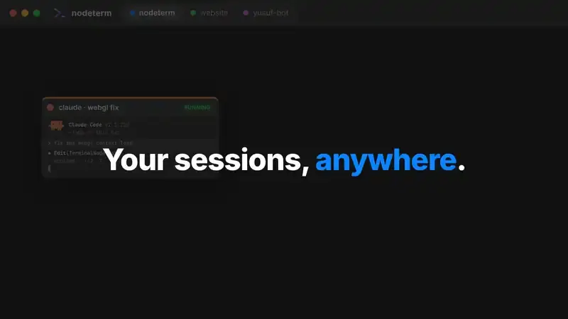 nodeterm 캔버스: 'api server' 터미널, RUNNING 배지가 붙은 Claude 에이전트 노드, 그 에이전트에 선으로 연결된 스티키 노트, 에디터와 diff 노드가 지도처럼 배치된 화면