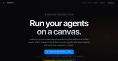nodeterm 캔버스: 'api server' 터미널, RUNNING 배지가 붙은 Claude 에이전트 노드, 그 에이전트에 선으로 연결된 스티키 노트, 에디터와 diff 노드가 지도처럼 배치된 화면
