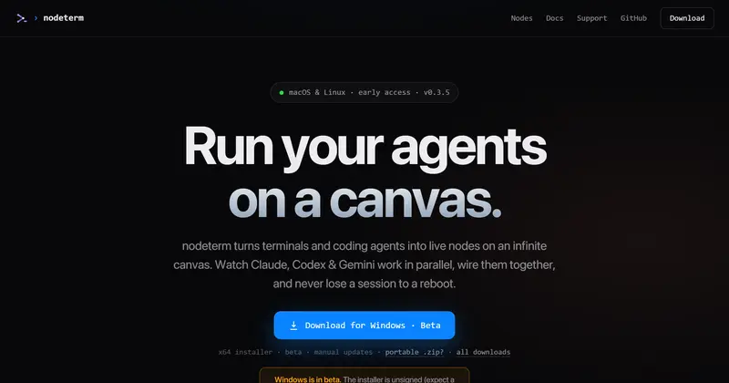 nodeterm 캔버스: 'api server' 터미널, RUNNING 배지가 붙은 Claude 에이전트 노드, 그 에이전트에 선으로 연결된 스티키 노트, 에디터와 diff 노드가 지도처럼 배치된 화면