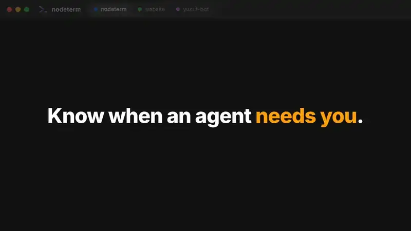 nodeterm 캔버스: 'api server' 터미널, RUNNING 배지가 붙은 Claude 에이전트 노드, 그 에이전트에 선으로 연결된 스티키 노트, 에디터와 diff 노드가 지도처럼 배치된 화면