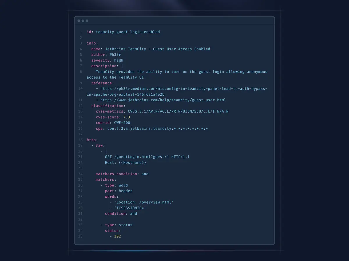 An example Nuclei template: the check’s name, severity, description and CVSS score, with the actual HTTP request written out in YAML.