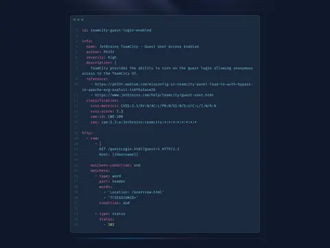 An example Nuclei template: the check’s name, severity, description and CVSS score, with the actual HTTP request written out in YAML.
