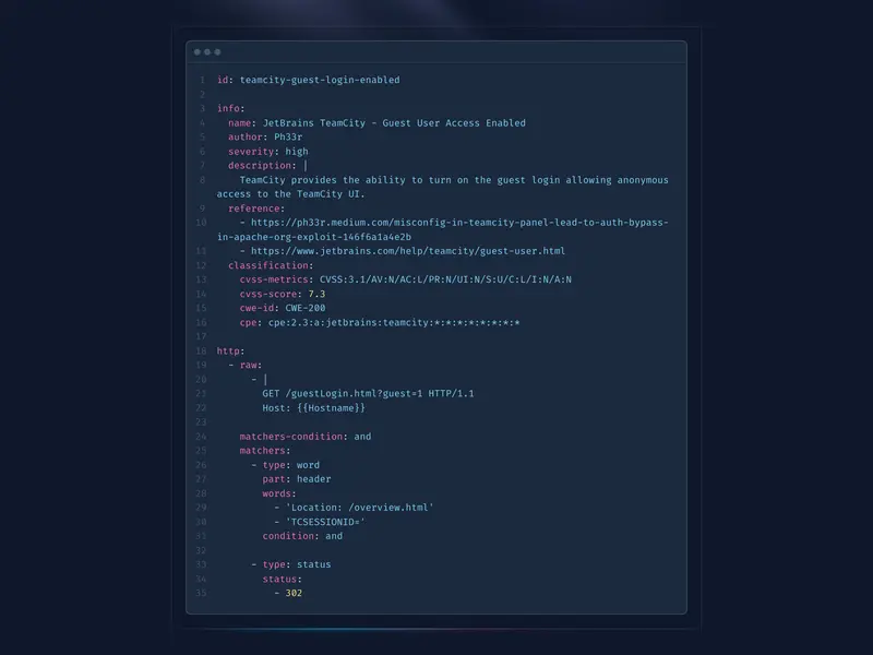 An example Nuclei template: the check’s name, severity, description and CVSS score, with the actual HTTP request written out in YAML.