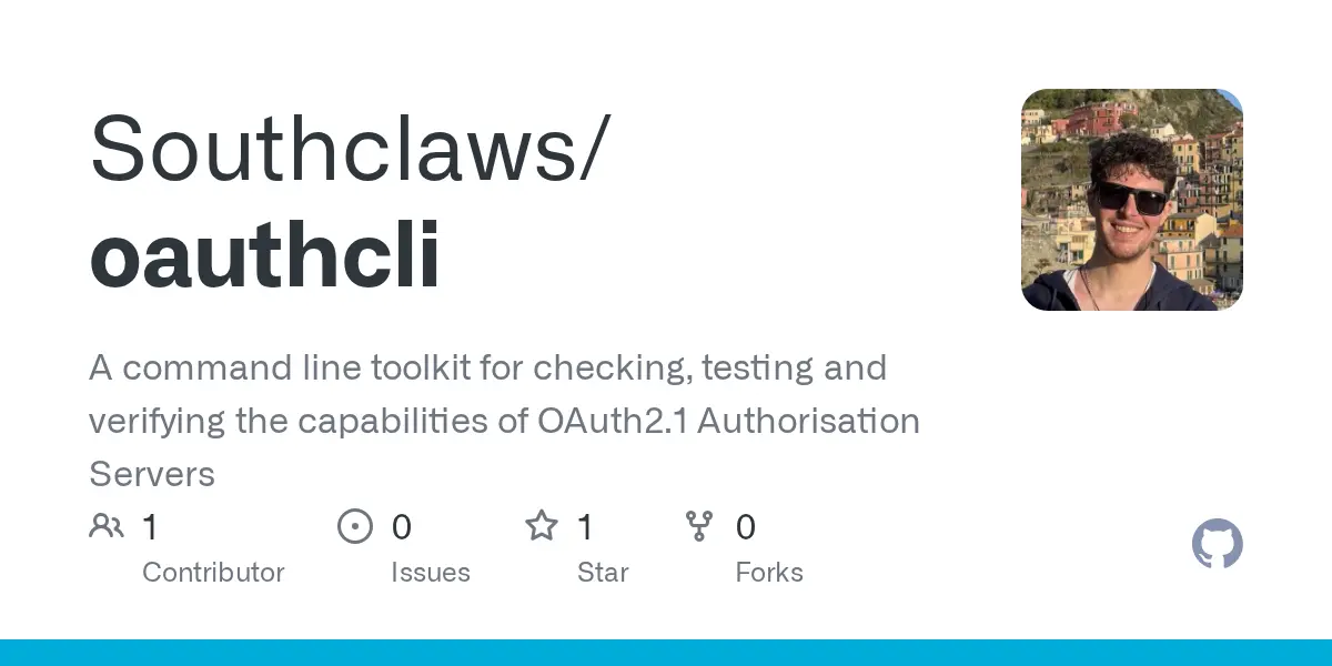 Southclaws/oauthcli 저장소의 GitHub 소셜 카드. 왼쪽에 이름과 한 줄 설명, 오른쪽에 프로필 사진.