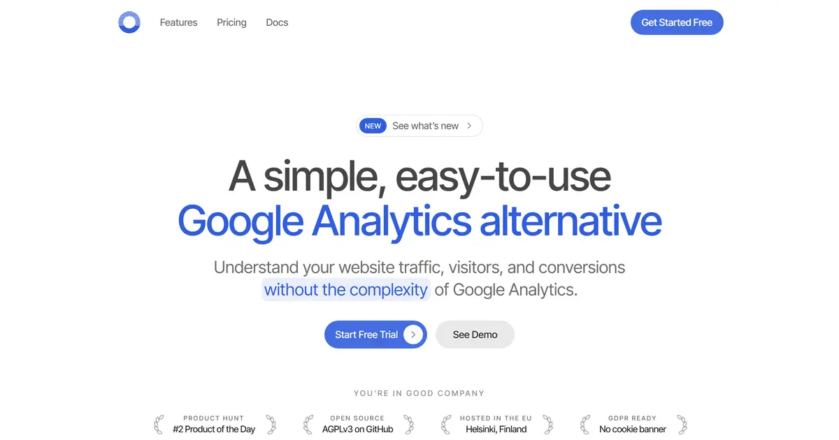 OpenAnalytics 개요 화면: 방문자 426·페이지뷰 688·이탈률 46%·평균 방문 1분 36초·매출 카드, 하루 시간대별 방문 그래프, 아래에 인기 페이지·유입 경로(직접, X, Product Hunt, GitHub, Google)·매출 패널