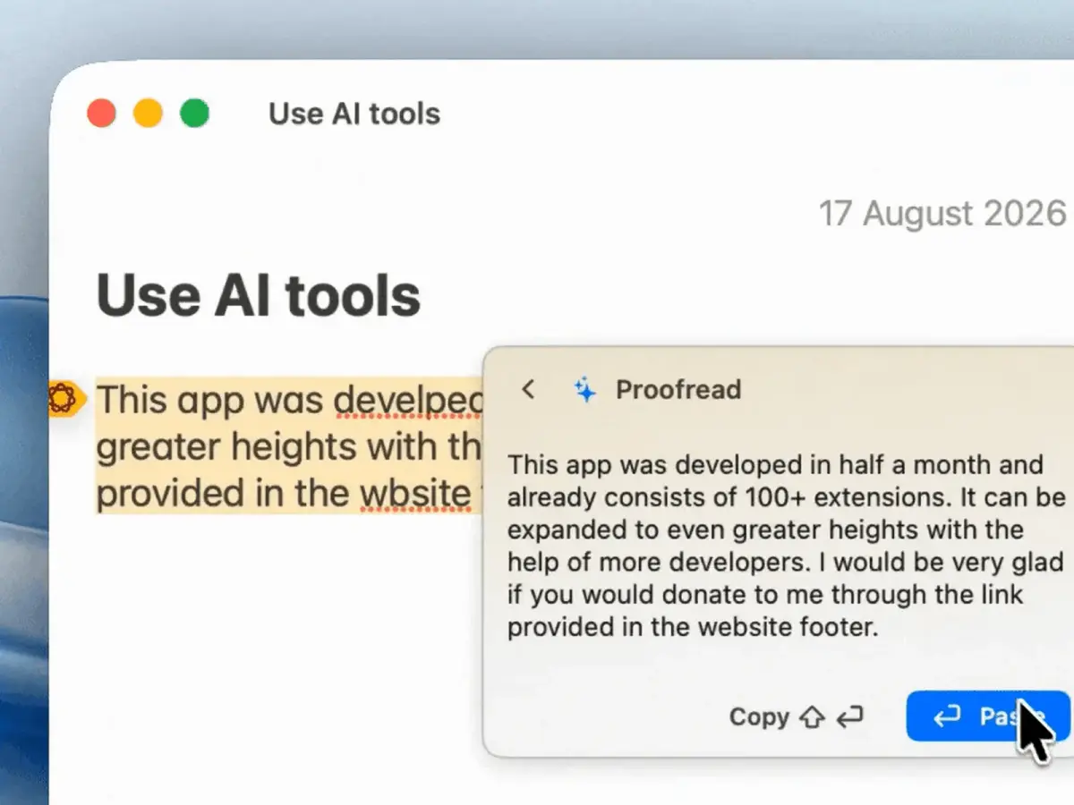 선택한 텍스트 위에 뜬 OpenClip 액션 바와 ⌥⌘C로 연 액션 검색 팔레트