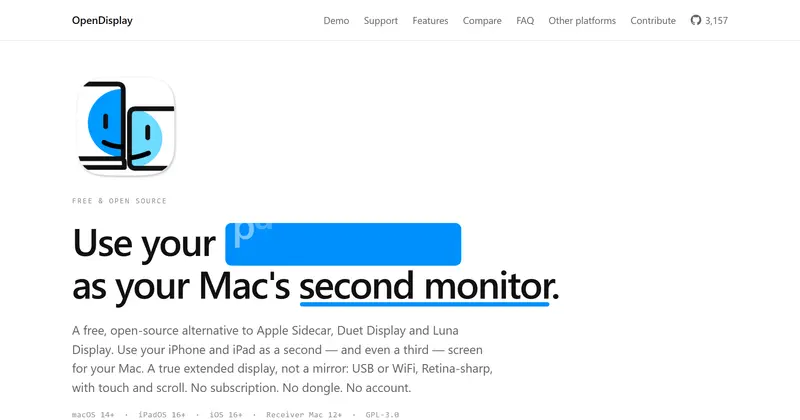 opendisplay.app 랜딩. 웃는 두 화면 아이콘, 'as your Mac's second monitor' 헤드라인, OS 요구 사항.