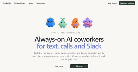 OpenDots 소개 페이지. 네 가지 색의 캐릭터 'Dot'과 '문자·통화·슬랙을 위한 상시 AI 동료' 문구.