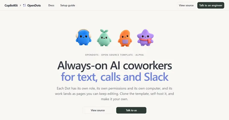 OpenDots 소개 페이지. 네 가지 색의 캐릭터 'Dot'과 '문자·통화·슬랙을 위한 상시 AI 동료' 문구.