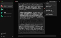 OpenMausBot 다크 테마 화면: 왼쪽 사이드바에 Brody·GitScout·Emaily 등 봇 목록, 오른쪽에 봇 Brody가 데이터셋 정리 결과를 보고하는 긴 채팅 답변과 상단 모델 선택기