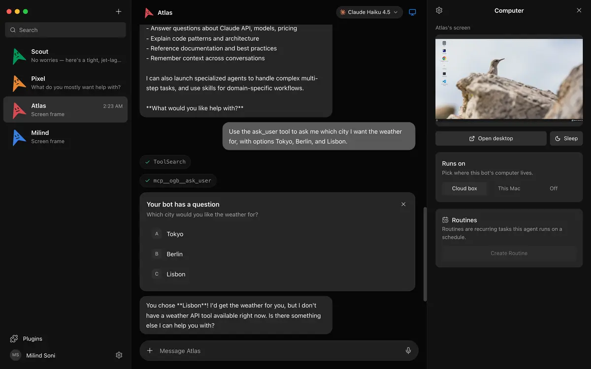 OpenMausBot 다크 테마 화면: 왼쪽 사이드바에 Brody·GitScout·Emaily 등 봇 목록, 오른쪽에 봇 Brody가 데이터셋 정리 결과를 보고하는 긴 채팅 답변과 상단 모델 선택기