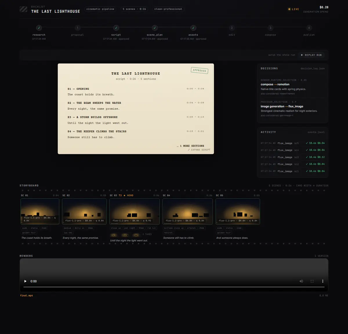 OpenMontage Backlot 제작 보드. 단계 진행줄, 승인된 대본 페이지, 결정 로그, 장면 카드 4장의 스토리보드가 보입니다.