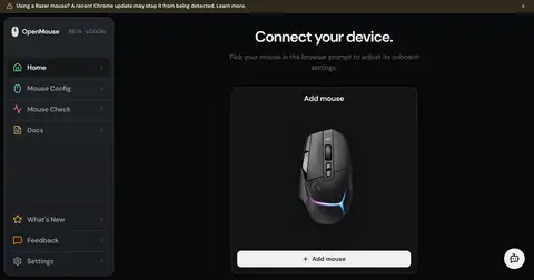 OpenMouse 웹 제어판 — 연결된 마우스의 정보와 DPI·폴링 레이트 설정 항목이 표시된 화면
