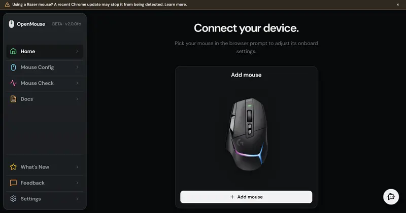 OpenMouse 웹 제어판 — 연결된 마우스의 정보와 DPI·폴링 레이트 설정 항목이 표시된 화면