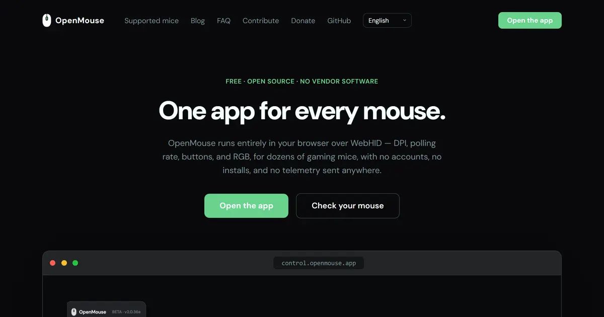 OpenMouse 웹 제어판 — 연결된 마우스의 정보와 DPI·폴링 레이트 설정 항목이 표시된 화면