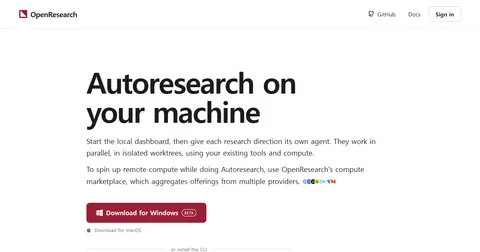 OpenResearch 랜딩. 'Autoresearch on your machine' 헤드라인과 Windows·macOS 다운로드 버튼.