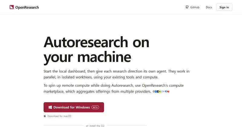 OpenResearch 랜딩. 'Autoresearch on your machine' 헤드라인과 Windows·macOS 다운로드 버튼.