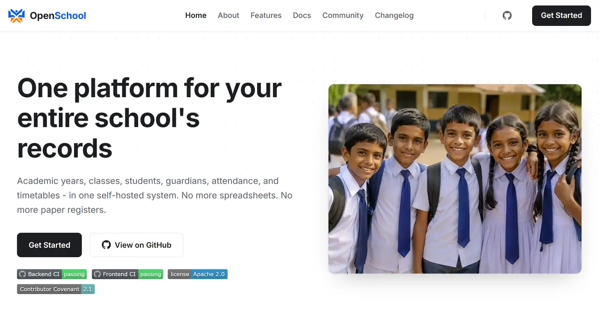 The OpenSchool site: an introduction to the school management platform and a link into the feature guide.