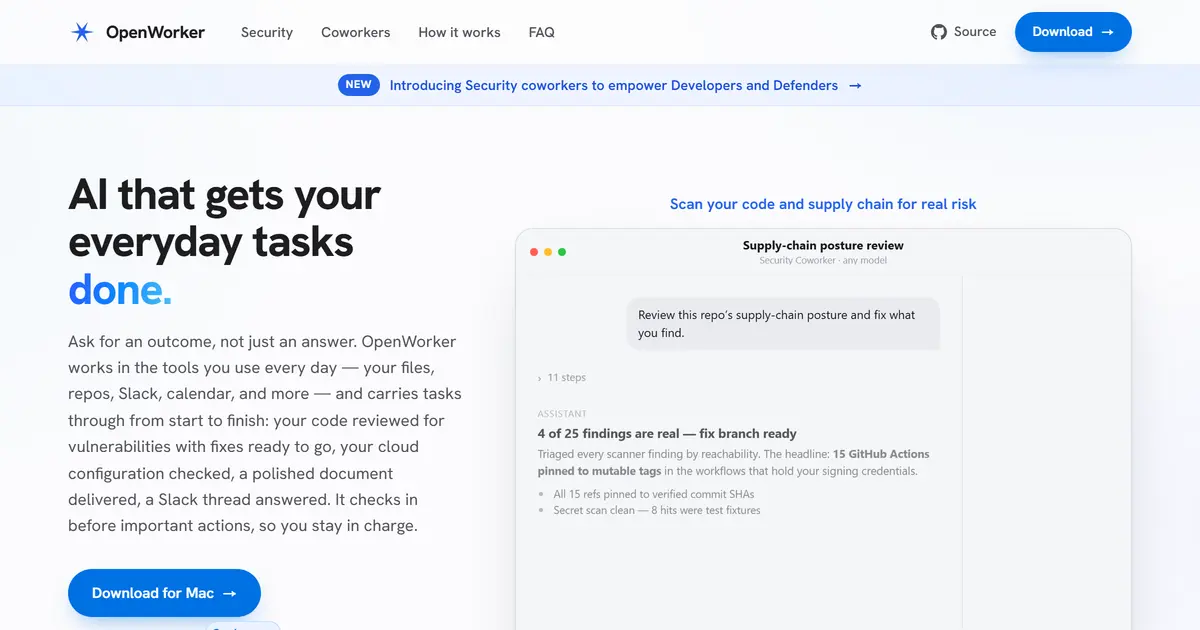 openworker.com 랜딩 페이지의 스크립트된 시연 패널(실제 앱 화면 캡처 아님): 보안 동료가 '25건 중 4건이 실제 문제 — 수정 브랜치 준비됨'을 요약하고, GitHub Actions를 커밋 SHA로 고정한 diff와 'Open PR security/pin-actions? · Leaves this Mac → GitHub' 승인 프롬프트를 보이는 화면