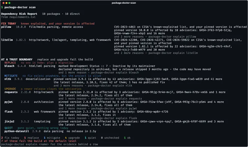 Terminal output of package-doctor scan: pillow and litellm flagged under FIX TODAY, with a list below split into replace, mitigate, upgrade and quiet.