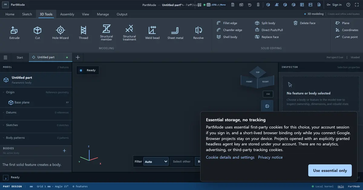 PartMode 소셜 미리보기: 왼쪽에 'Browser CAD for people + typed agents' 문구와 LOCAL-FIRST·EXACT B-REP·STEP 배지, 오른쪽에 3D Tools 리본(Extrude·Cut·Hole Wizard·Thread), 모델 트리, 구멍 난 판 부품이 놓인 뷰포트, Agent Flight Recorder 인스펙터가 보이는 스튜디오 화면