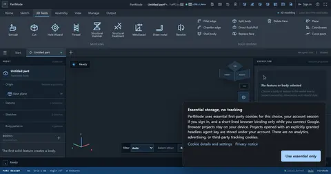 PartMode 소셜 미리보기: 왼쪽에 'Browser CAD for people + typed agents' 문구와 LOCAL-FIRST·EXACT B-REP·STEP 배지, 오른쪽에 3D Tools 리본(Extrude·Cut·Hole Wizard·Thread), 모델 트리, 구멍 난 판 부품이 놓인 뷰포트, Agent Flight Recorder 인스펙터가 보이는 스튜디오 화면