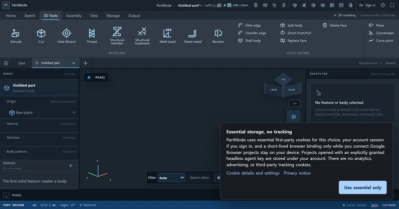 PartMode 소셜 미리보기: 왼쪽에 'Browser CAD for people + typed agents' 문구와 LOCAL-FIRST·EXACT B-REP·STEP 배지, 오른쪽에 3D Tools 리본(Extrude·Cut·Hole Wizard·Thread), 모델 트리, 구멍 난 판 부품이 놓인 뷰포트, Agent Flight Recorder 인스펙터가 보이는 스튜디오 화면