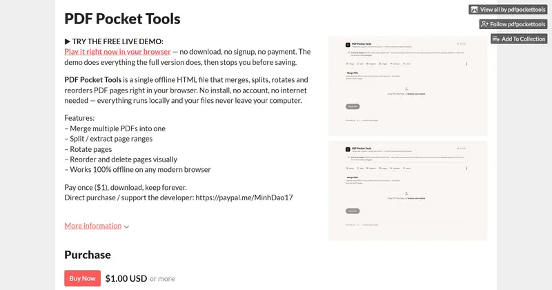 PDF Pocket Tools itch.io 페이지. 왼쪽에 데모 안내와 기능 목록, 오른쪽에 스크린샷 두 장, 아래에 Buy Now 버튼.