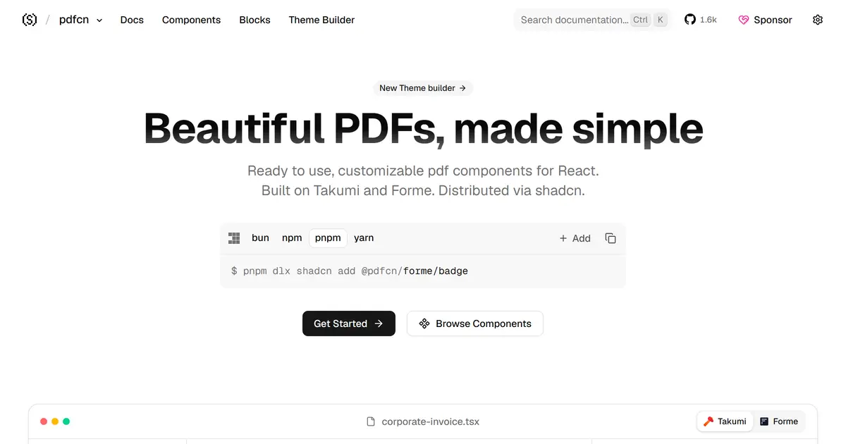 pdfcn 문서 사이트 첫 화면. Beautiful PDFs, made simple 제목 아래 pnpm 설치 명령과 Get Started 버튼.