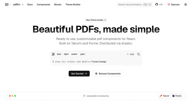 pdfcn 문서 사이트 첫 화면. Beautiful PDFs, made simple 제목 아래 pnpm 설치 명령과 Get Started 버튼.