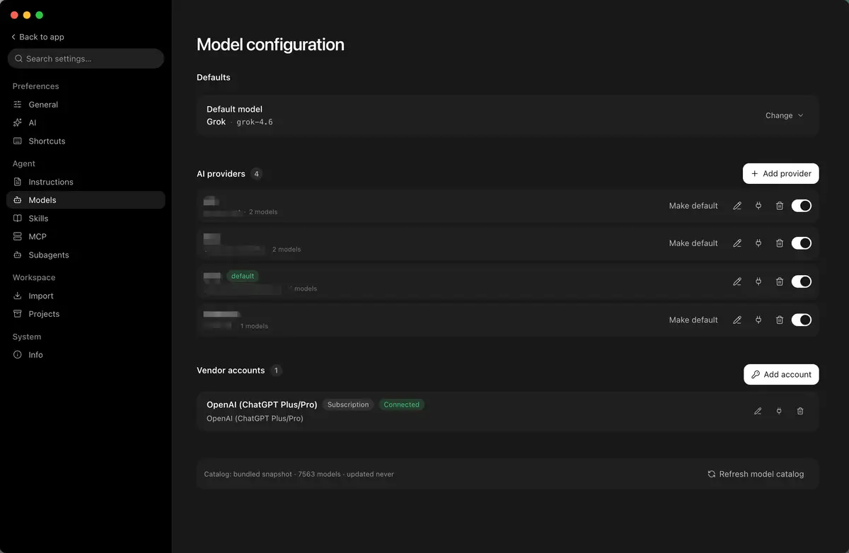 노트북 목업 안의 PI-Desktop. 왼쪽 세션·프로젝트 목록, 가운데 메인 에이전트와 서브에이전트 3개 트리, 오른쪽 파일 트리.
