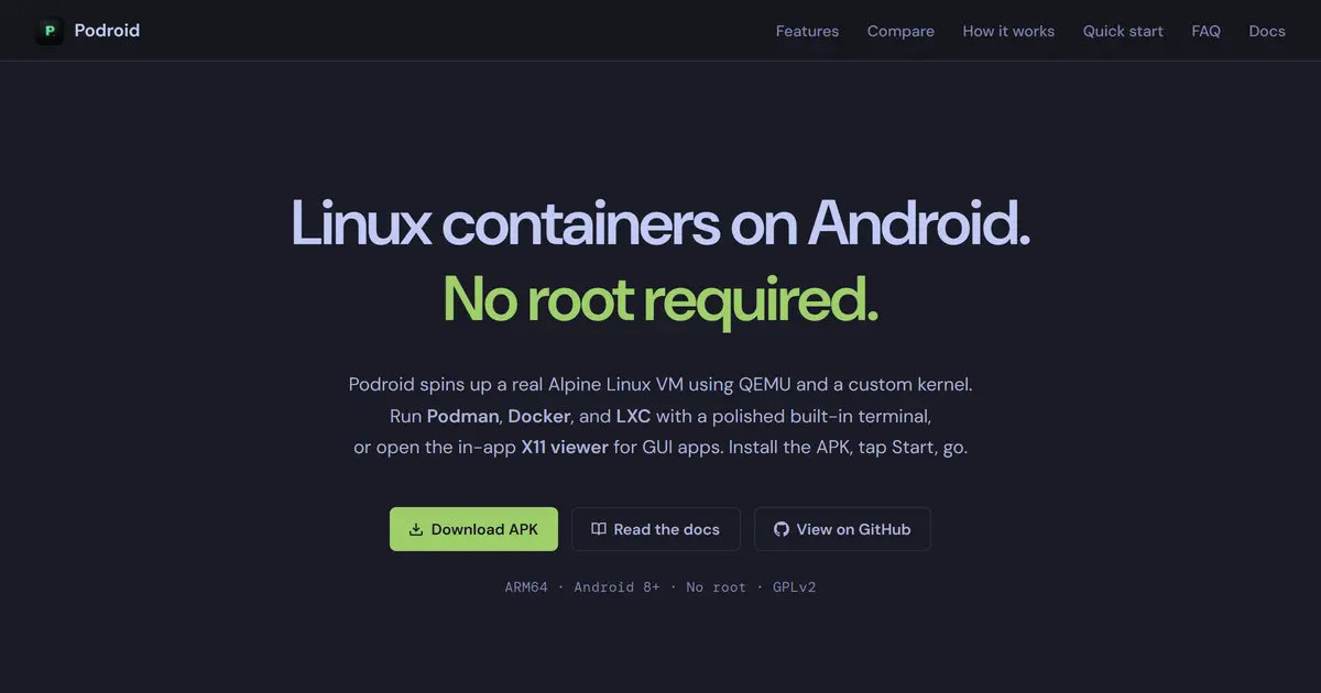 Podroid 홈페이지. 어두운 배경에 "Linux containers on Android. No root required."라는 문구와 APK 다운로드 버튼이 있습니다.