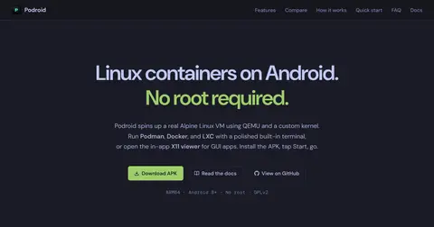 Podroid 홈페이지. 어두운 배경에 "Linux containers on Android. No root required."라는 문구와 APK 다운로드 버튼이 있습니다.