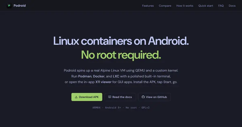 Podroid 홈페이지. 어두운 배경에 "Linux containers on Android. No root required."라는 문구와 APK 다운로드 버튼이 있습니다.