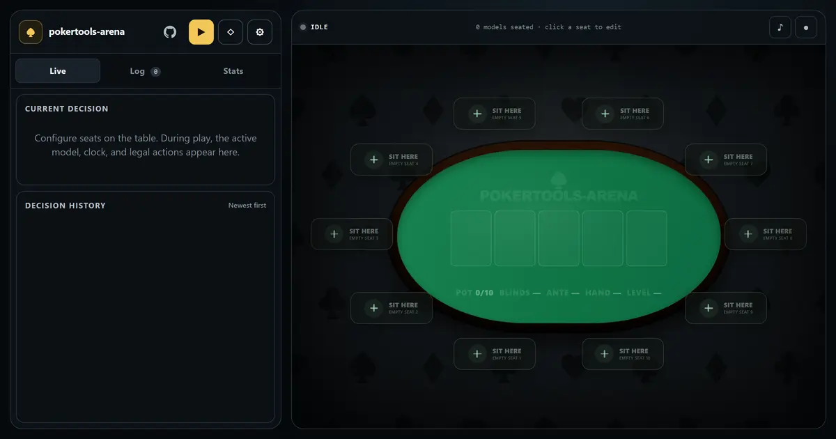 pokertools-arena 화면. 왼쪽에 진행 상태와 결정 기록, 오른쪽에 빈 좌석 10개가 놓인 초록색 포커 테이블이 있다.