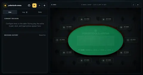 pokertools-arena 화면. 왼쪽에 진행 상태와 결정 기록, 오른쪽에 빈 좌석 10개가 놓인 초록색 포커 테이블이 있다.