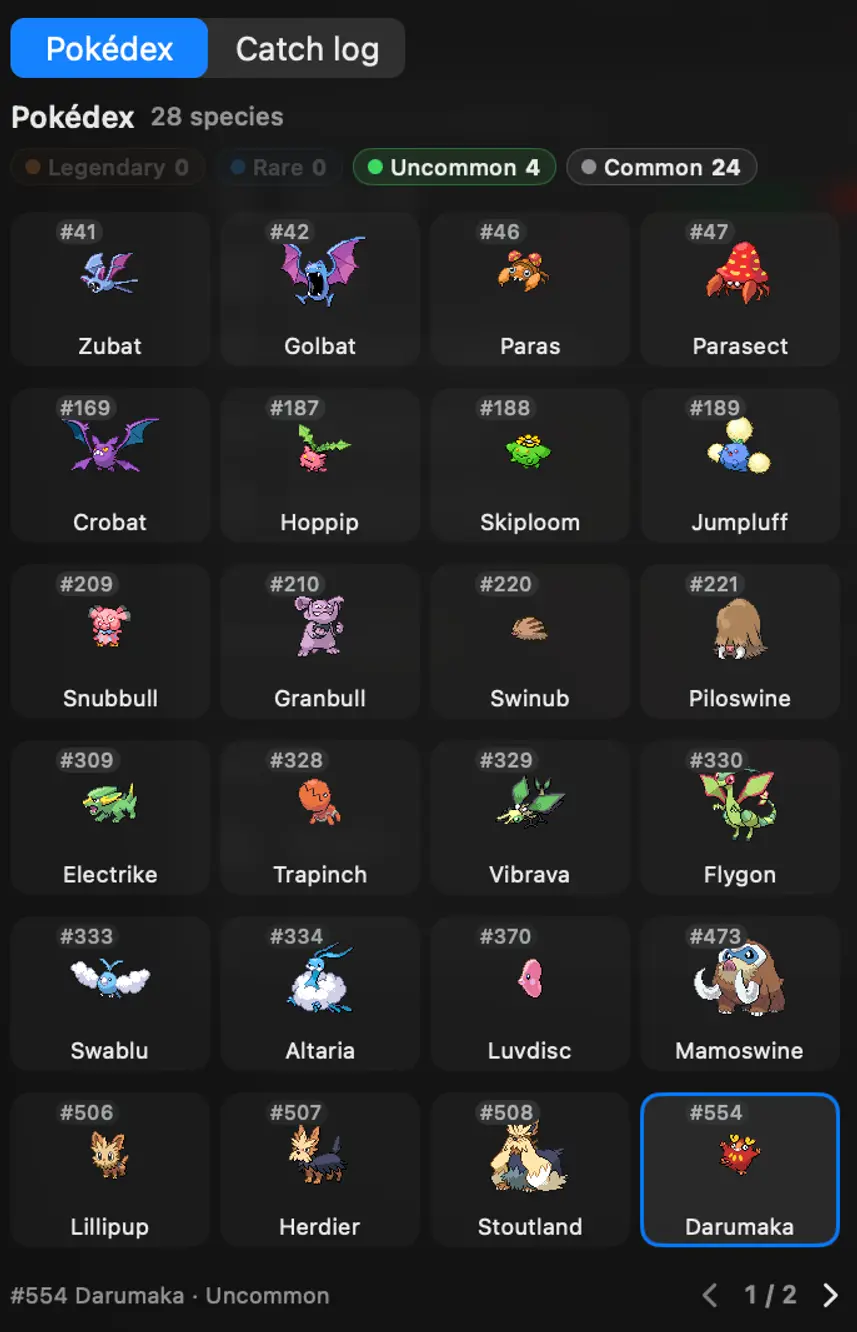 PokeTokenBar 팝오버 홈 화면: 키우는 포켓몬 스프라이트, 오늘 사용한 토큰 수, Claude 공식 5시간·주간 한도 퍼센트와 리셋 카운트다운