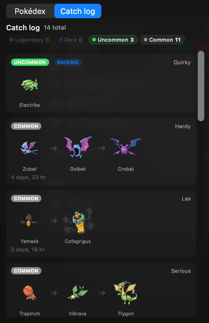 PokeTokenBar 팝오버 홈 화면: 키우는 포켓몬 스프라이트, 오늘 사용한 토큰 수, Claude 공식 5시간·주간 한도 퍼센트와 리셋 카운트다운