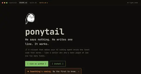 ponytail.dev 첫 화면. 검은 배경에 포니테일을 한 개발자 캐리커처, 'ponytail' 제목, 설치 버튼이 있습니다.