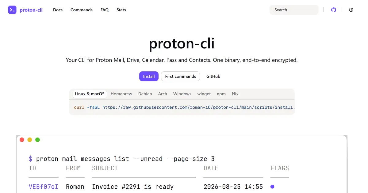 roman-16/proton-cli 저장소의 GitHub 소셜 카드. 왼쪽에 이름과 한 줄 설명, 오른쪽에 프로필 사진.