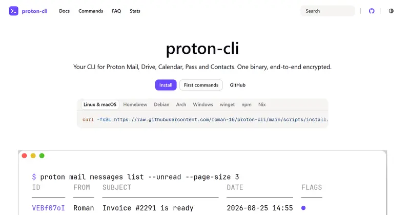 roman-16/proton-cli 저장소의 GitHub 소셜 카드. 왼쪽에 이름과 한 줄 설명, 오른쪽에 프로필 사진.