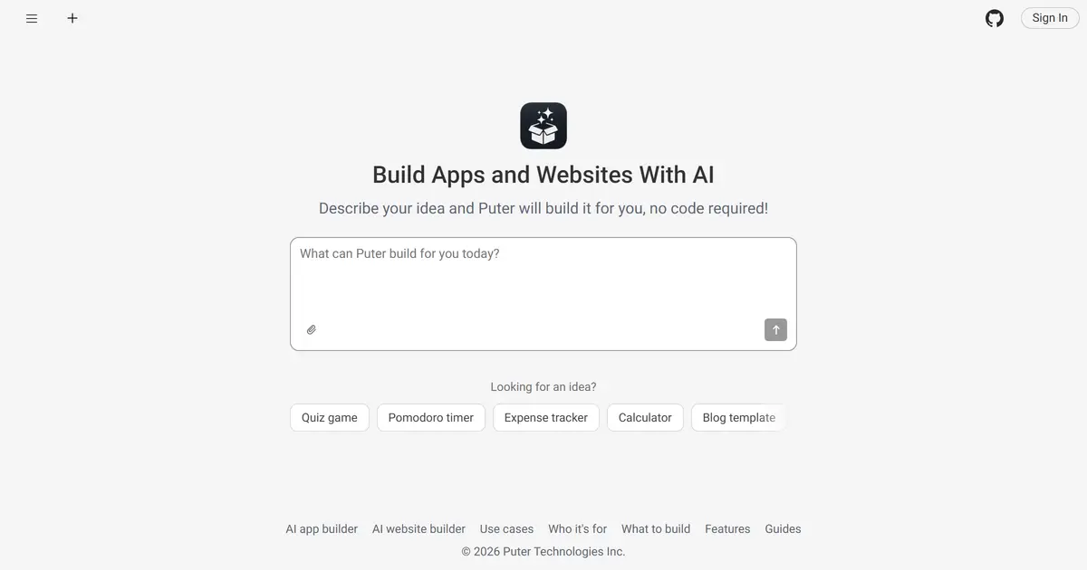 AI Builder 시작 화면. '무엇을 만들어 드릴까요' 입력창과 퀴즈 게임·뽀모도로 타이머·가계부 같은 예시 버튼.