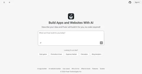 The AI Builder start screen: a prompt box asking what to build, with idea buttons such as Quiz game, Pomodoro timer and Expense tracker.