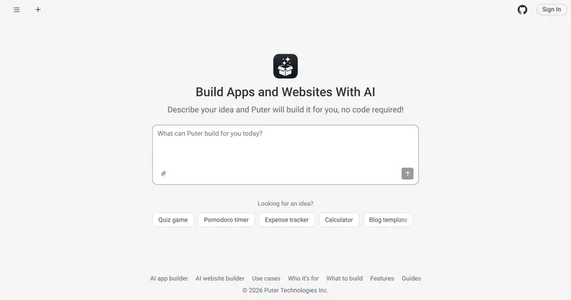 AI Builder 시작 화면. '무엇을 만들어 드릴까요' 입력창과 퀴즈 게임·뽀모도로 타이머·가계부 같은 예시 버튼.