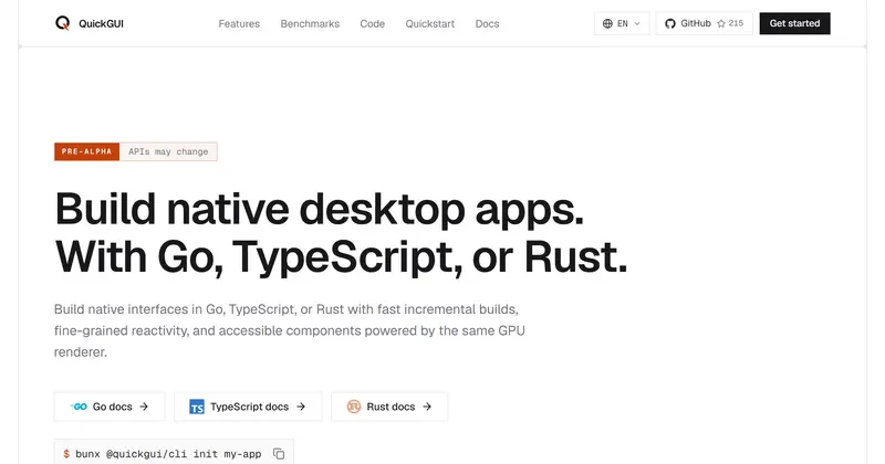 quickgui.dev 랜딩. PRE-ALPHA 배지, 'Build native desktop apps' 헤드라인, 문서 버튼, 초기화 명령.