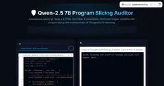 Qwen-2.5 7B Program Slicing Auditor 화면. 어두운 배경 위에 4단계 파이프라인 도식, 왼쪽에 코드 입력창과 'Run 4-Step Security Audit' 버튼, 오른쪽에 판정 결과창이 있습니다.