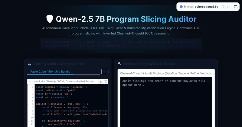 Qwen-2.5 7B Program Slicing Auditor 화면. 어두운 배경 위에 4단계 파이프라인 도식, 왼쪽에 코드 입력창과 'Run 4-Step Security Audit' 버튼, 오른쪽에 판정 결과창이 있습니다.