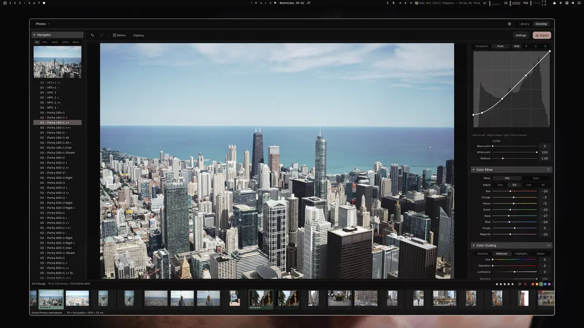 The RAWmakase Develop view: a Chicago skyline photo in the centre, curve, colour mixer and grading panels on the right, and a filmstrip below.