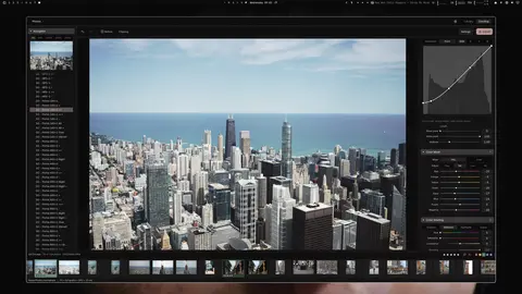 The RAWmakase Develop view: a Chicago skyline photo in the centre, curve, colour mixer and grading panels on the right, and a filmstrip below.